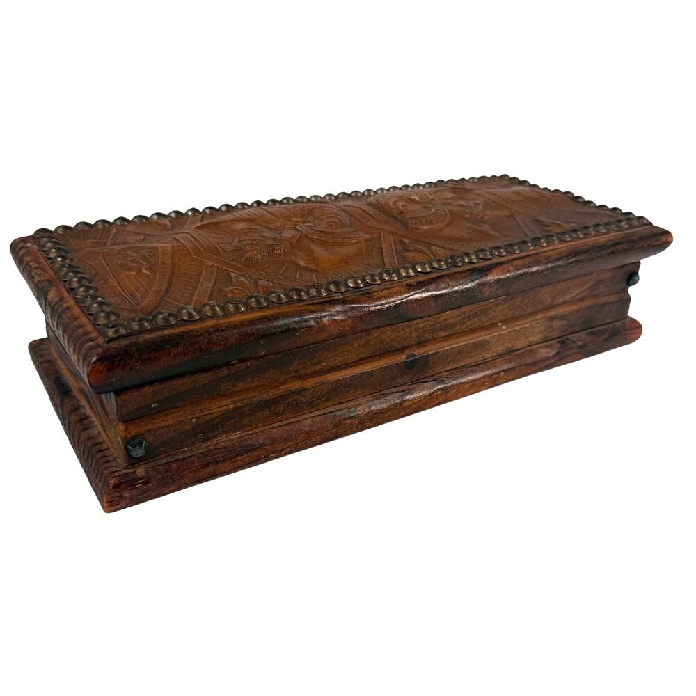 Vintage 1960s Carved Wood Jewelry Storage Box Leather Roman Guard Lid 13” MCM